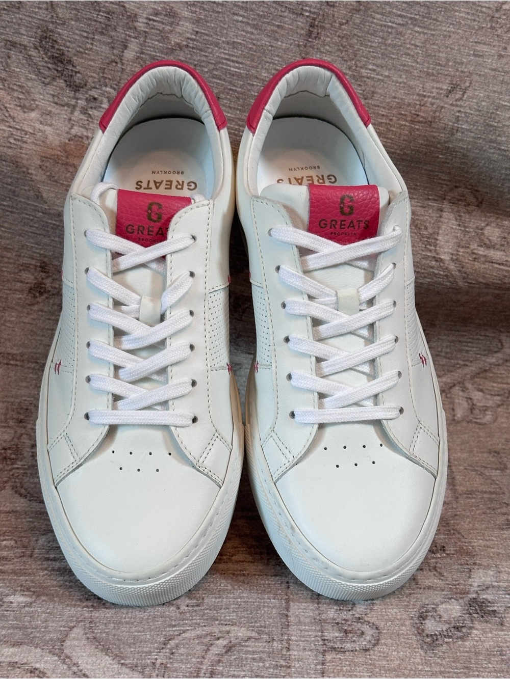 Greats Royale White Sneakers with Pink Heel and Tongue